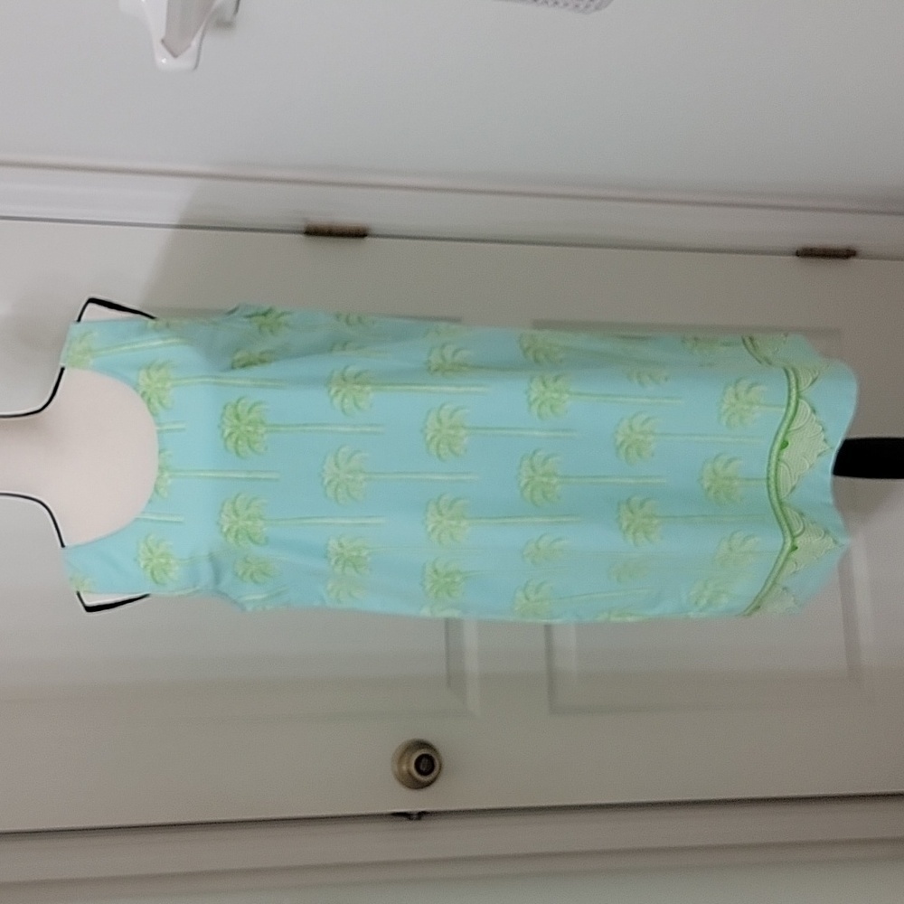 Graham Kandiah Size L Blue with Green & White Palm Tree Pattern Shift Dress